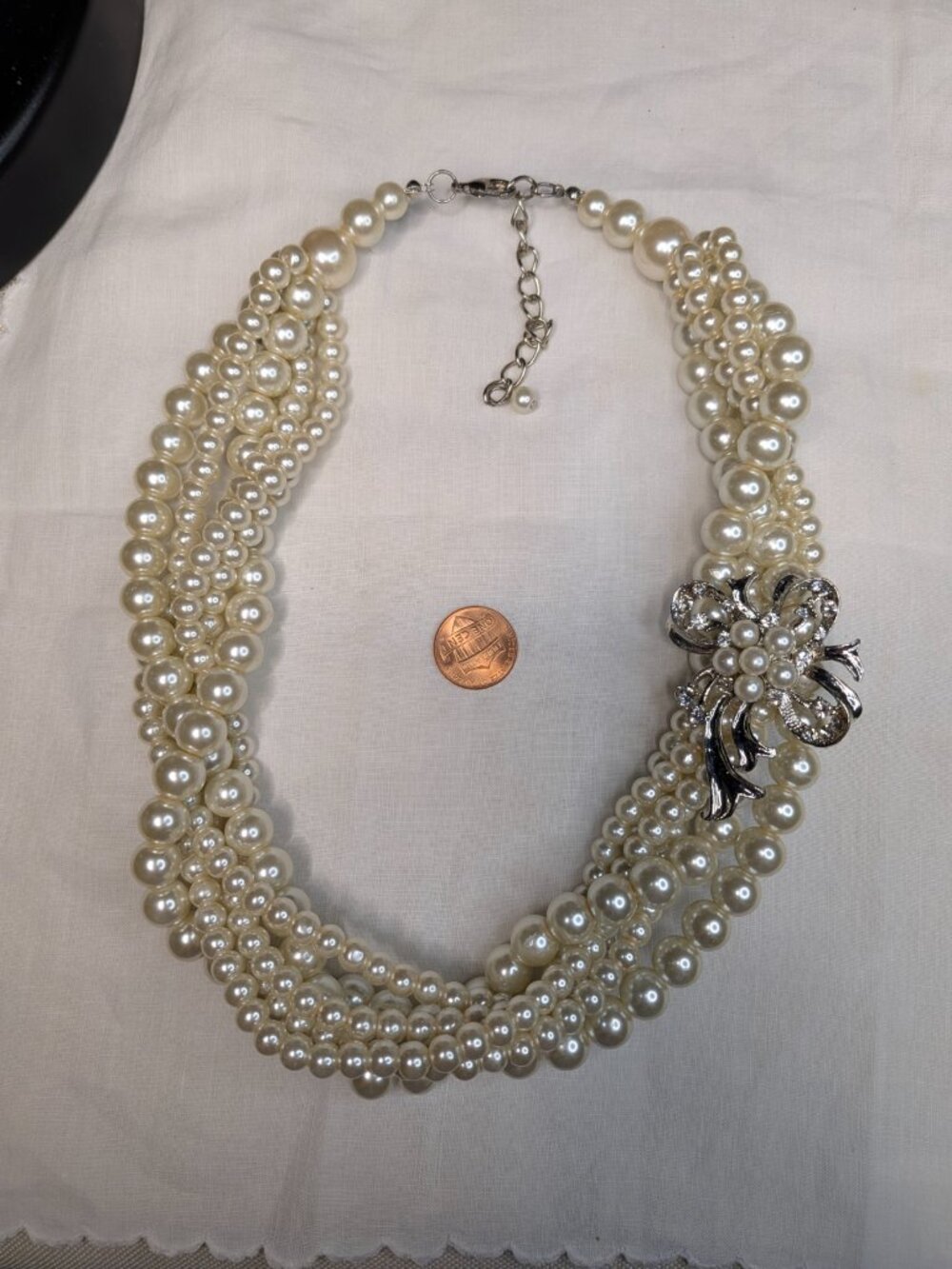 Multi‑Strand Faux Pearl Necklace with Rhinestone Floral Accent